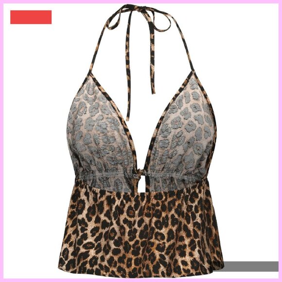 Leopard Print Halter Top Tie Front Backless Ruffle Crop Top - Picture 3 of 4